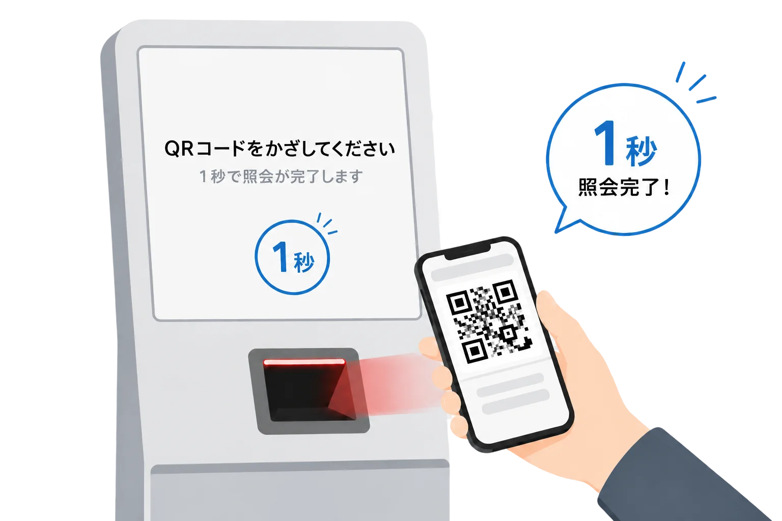 チェックイン機でQRをかざして照会するイラスト