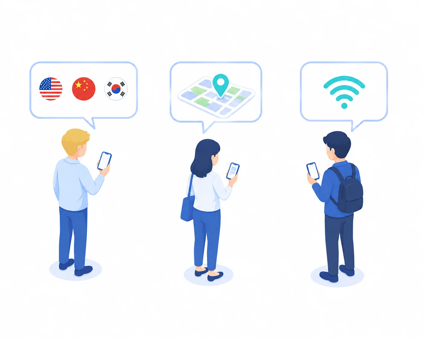 多言語案内・館内案内・WiFi情報をスマートフォンで受け取るゲストのイラスト