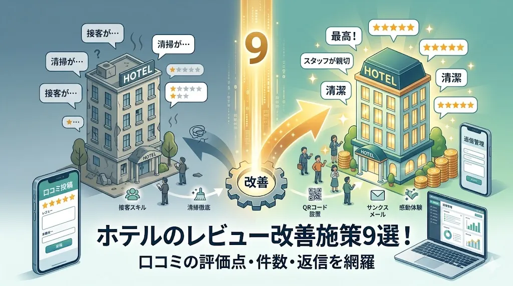ホテルのレビュー改善施策9選！口コミの評価点・件数・返信を網羅