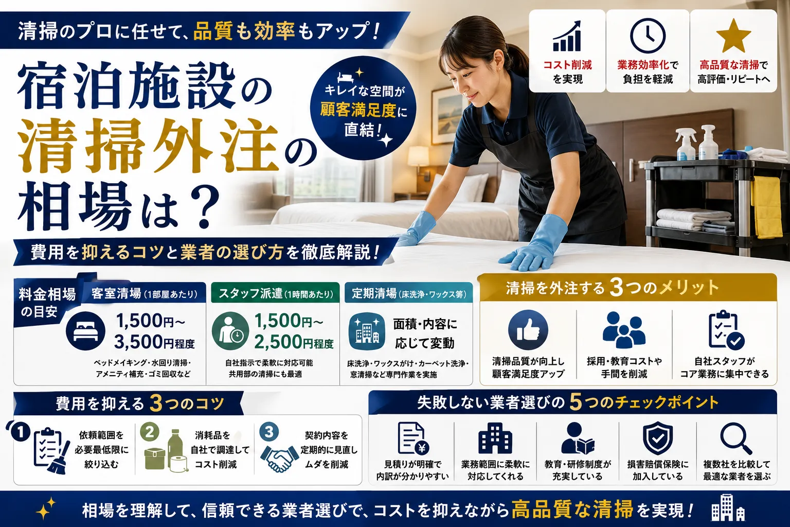 宿泊施設の清掃外注の相場は？費用を抑えるコツと業者の選び方
